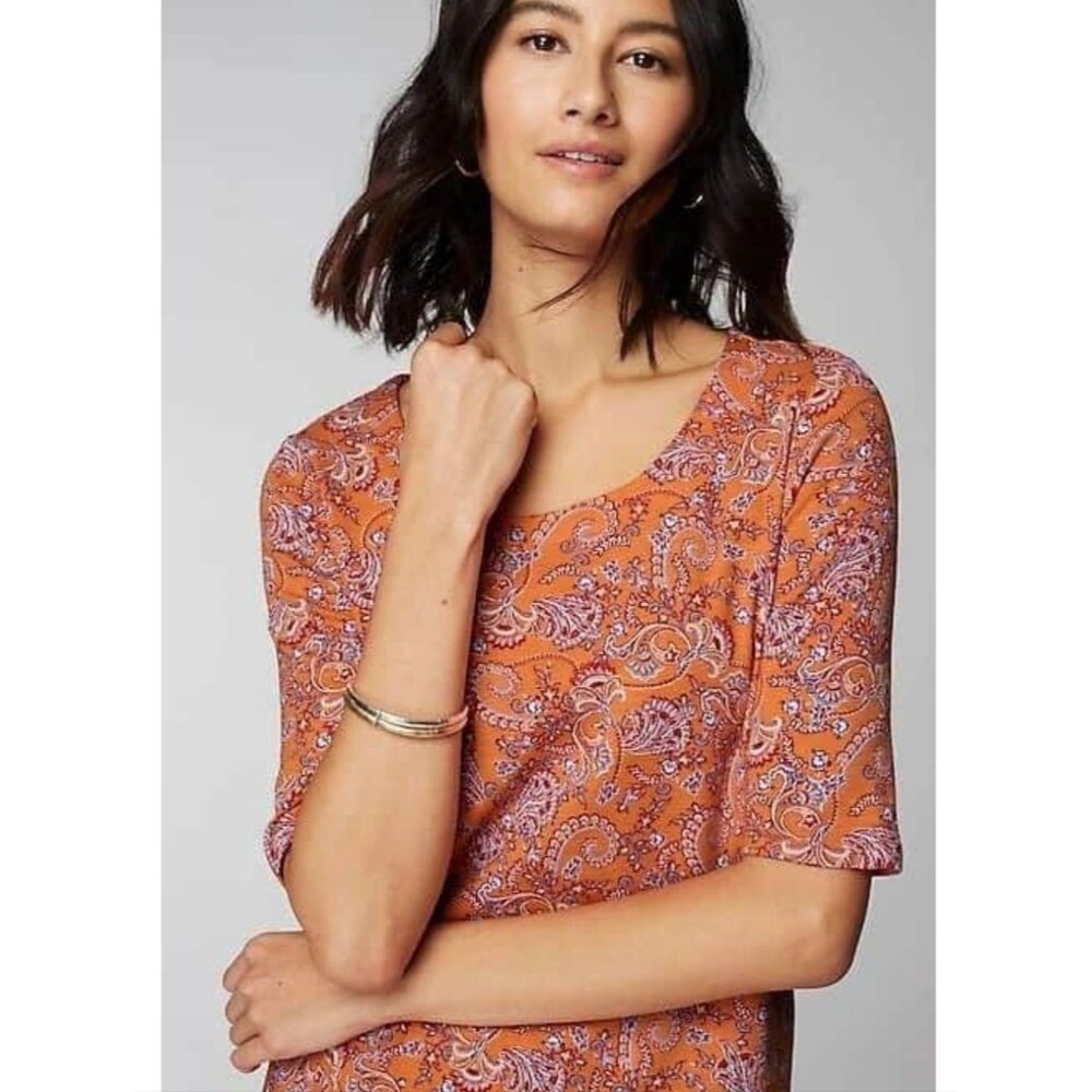 J.Jill Pima-Slub Scoop-Neck Side-Slit Tee Medium Petite Apricot Paisley